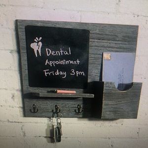 Rustic grey wood organizer with chalkboard key hooks chalk and hardware